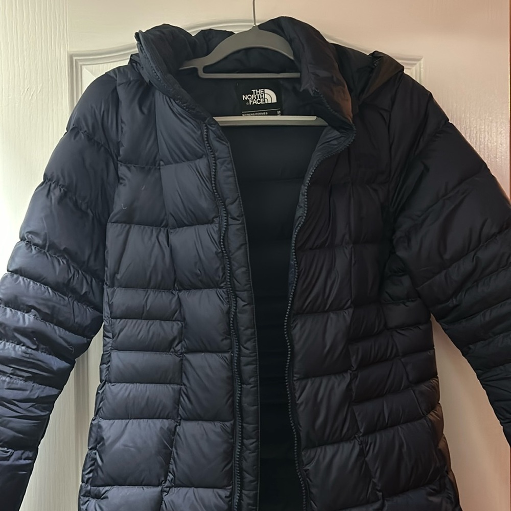 Navy Puffer trench coat with hood